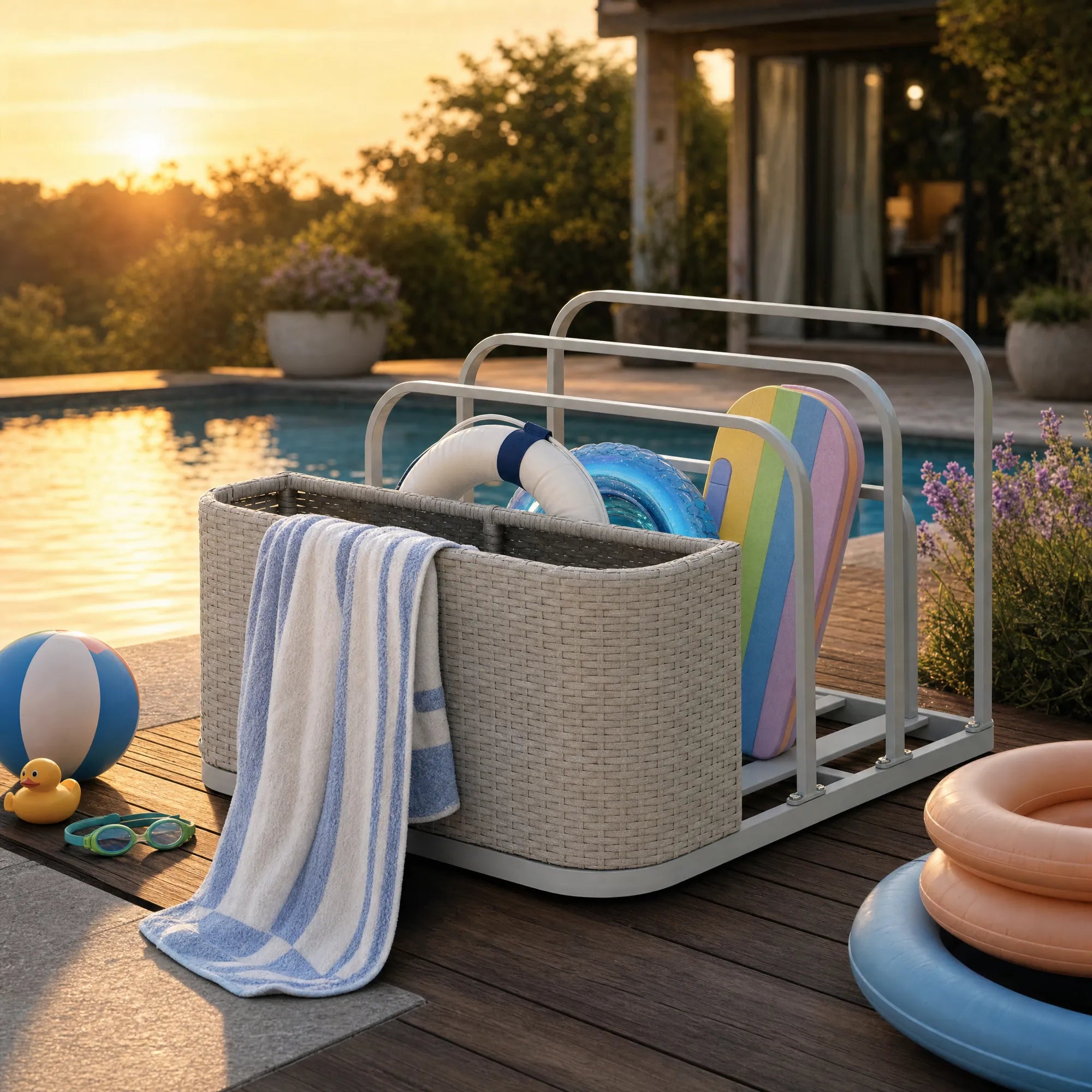 Oversized Rust-proof Wicker Pool Organizer 35'' - Gray