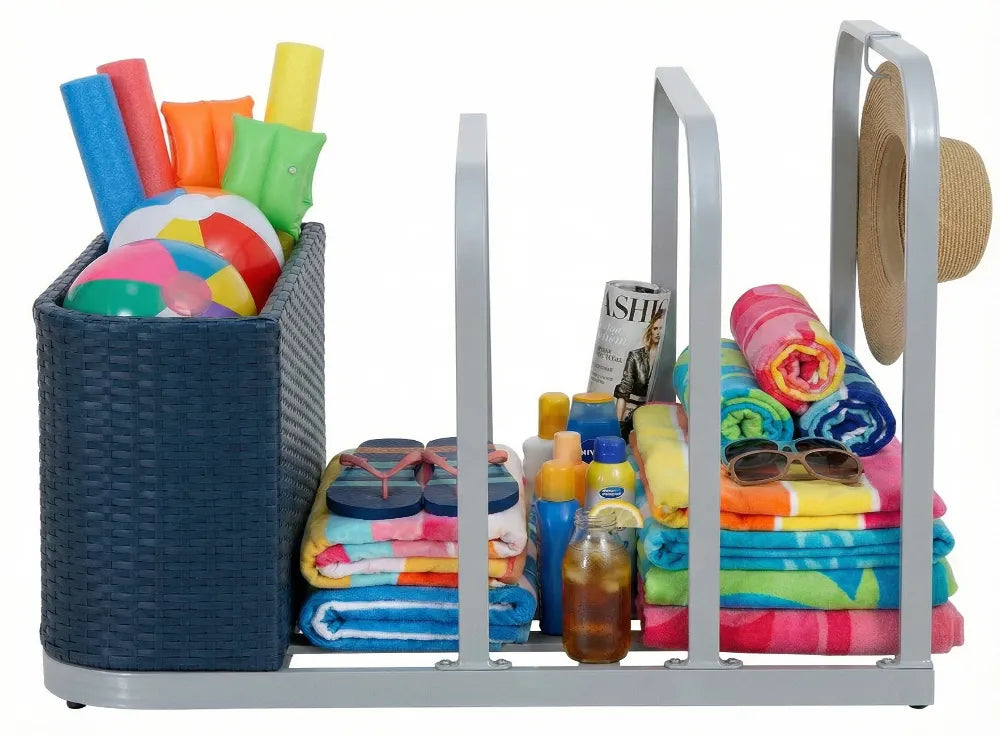 SUNJOY 35 Inch Rust-proof Wicker Pool Float Storage Rack for Floaties - Navy