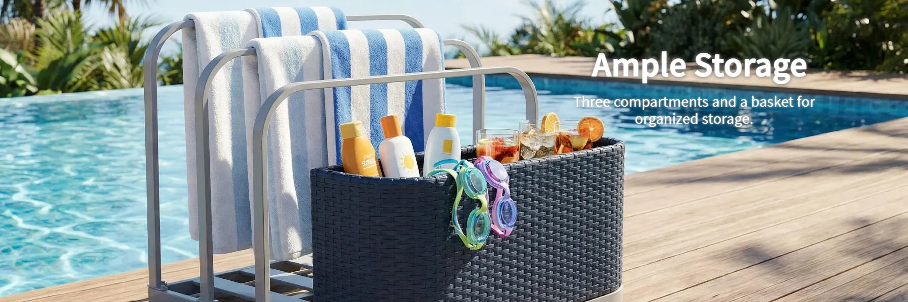 SUNJOY 35 Inch Rust-proof Wicker Pool Float Storage Rack for Floaties - Navy