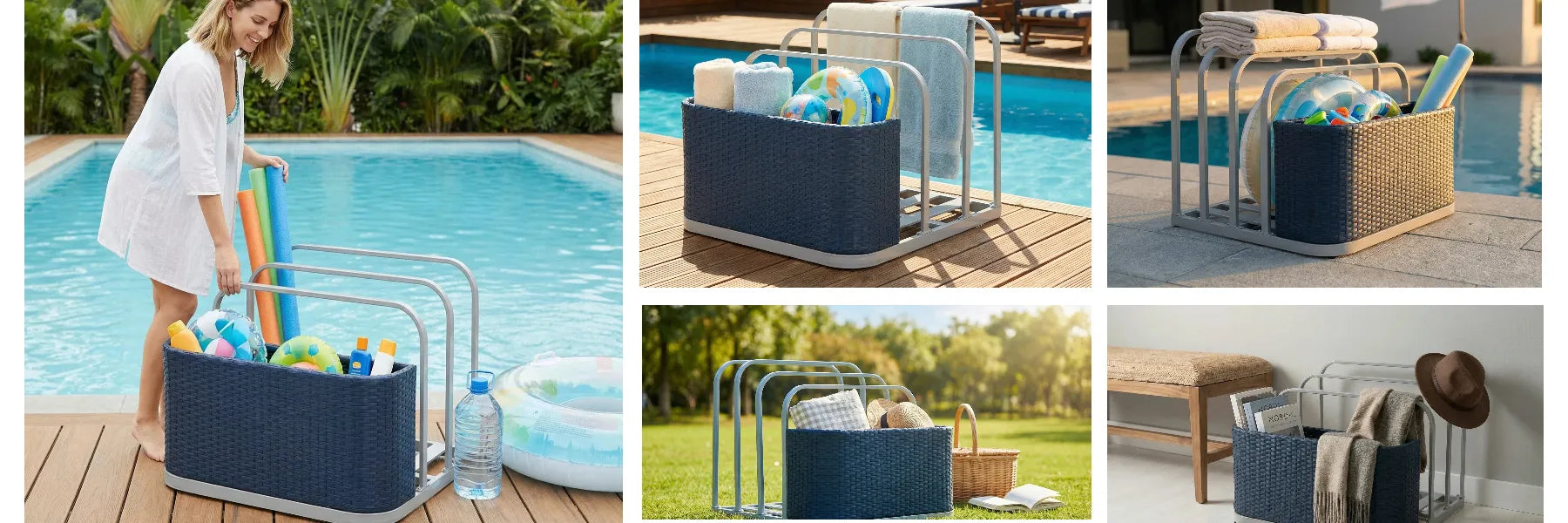 SUNJOY 35 Inch Rust-proof Wicker Pool Float Storage Rack for Floaties - Navy