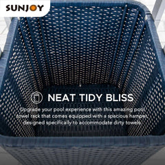 SUNJOY Pickford Aluminum Pool Towel Valet Tower with Shelves and Wicker Storage Basket