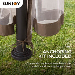 Sunjoy Outdoor Patio 9.5x9.5 Tan 2-Tier Steel Backyard Soft Top Gazebo with Ceiling Hook and Netting