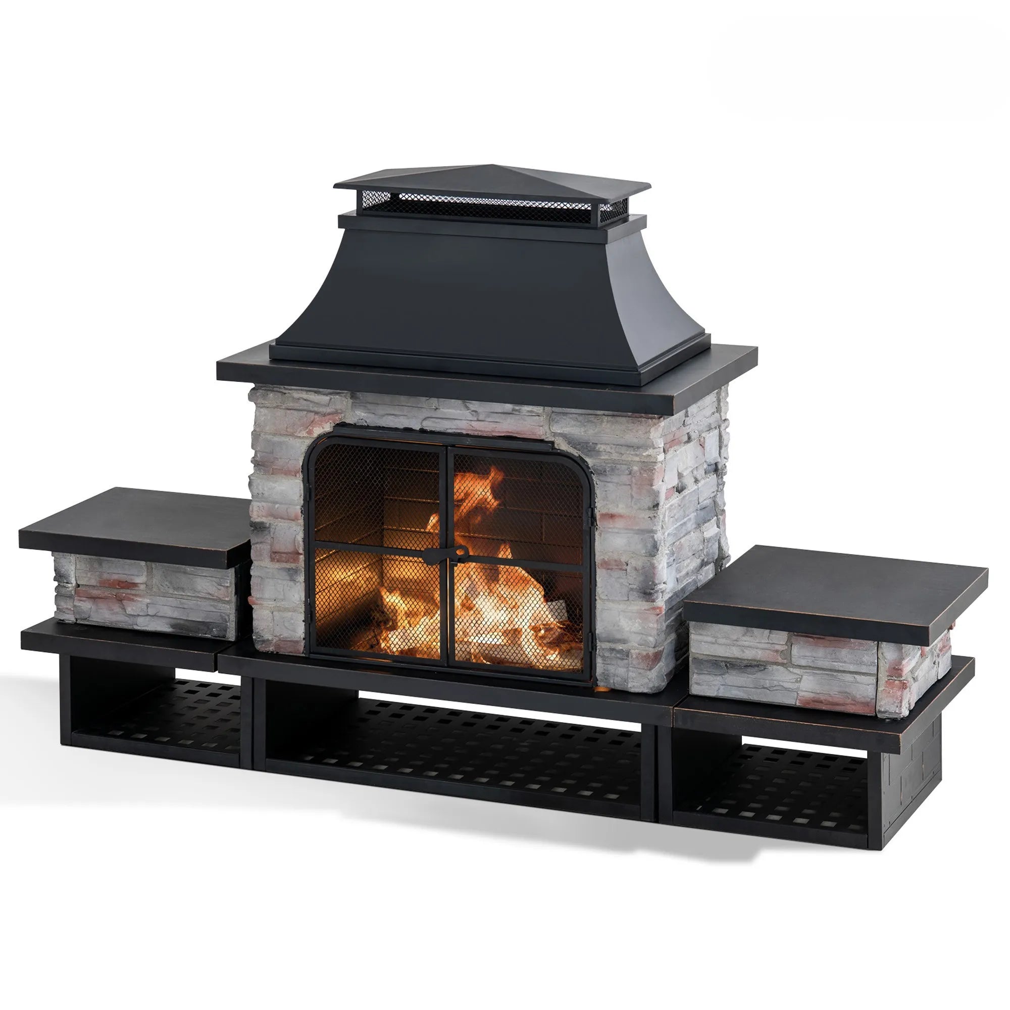 Canyon Stone Wood Burning Fireplace with Log Holders 82" - Black