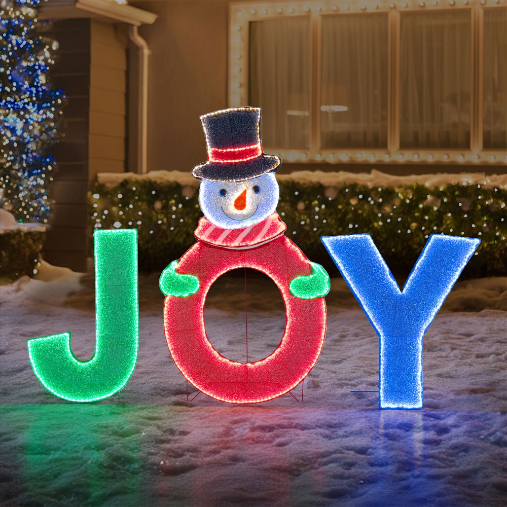 Sunjoy 48 in. Christmas Lighted Joyous Snowman, 2D Tinsel Santa JOY Display Set