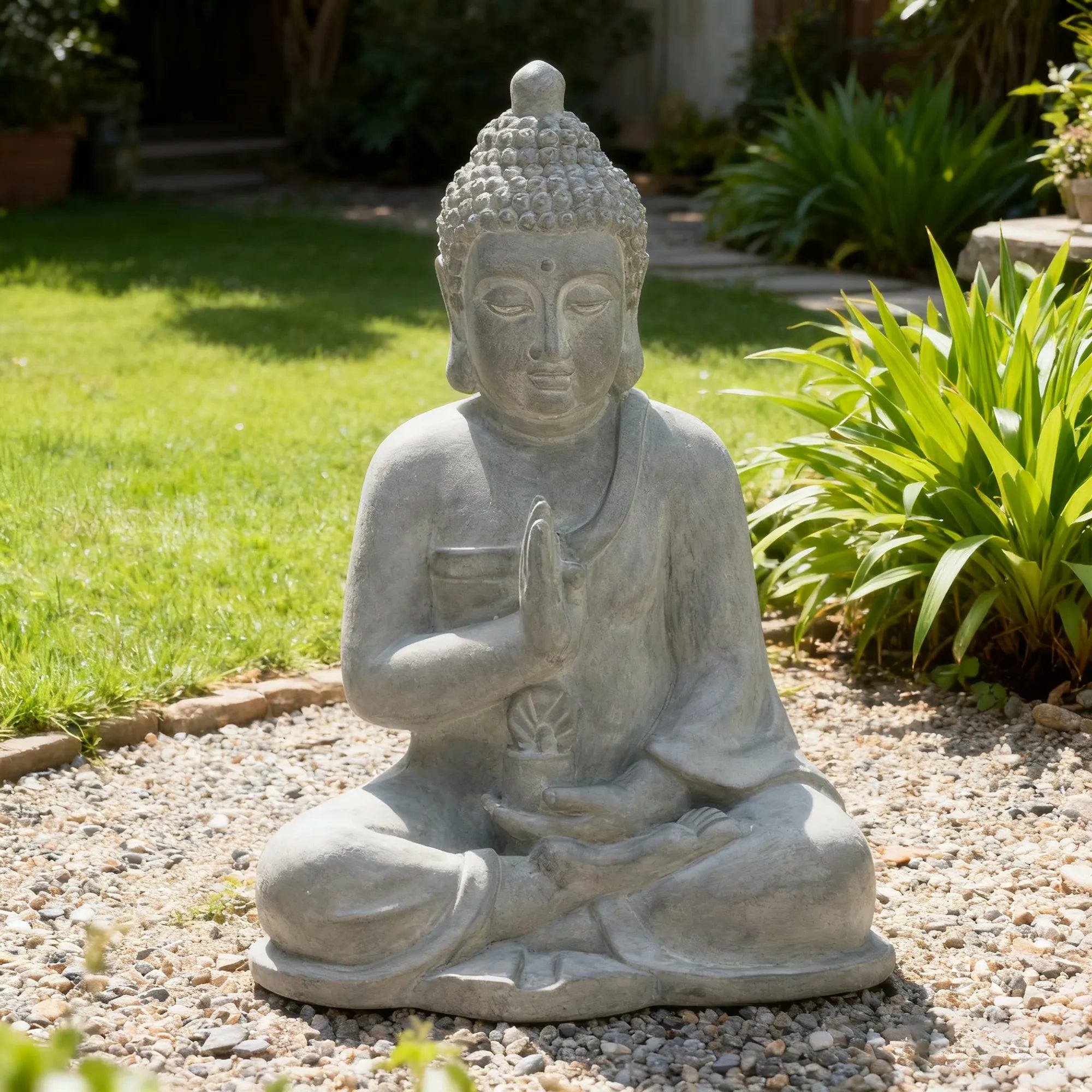 Serenity Blessing Buddha Statue 20" – Weathered Stone Gray