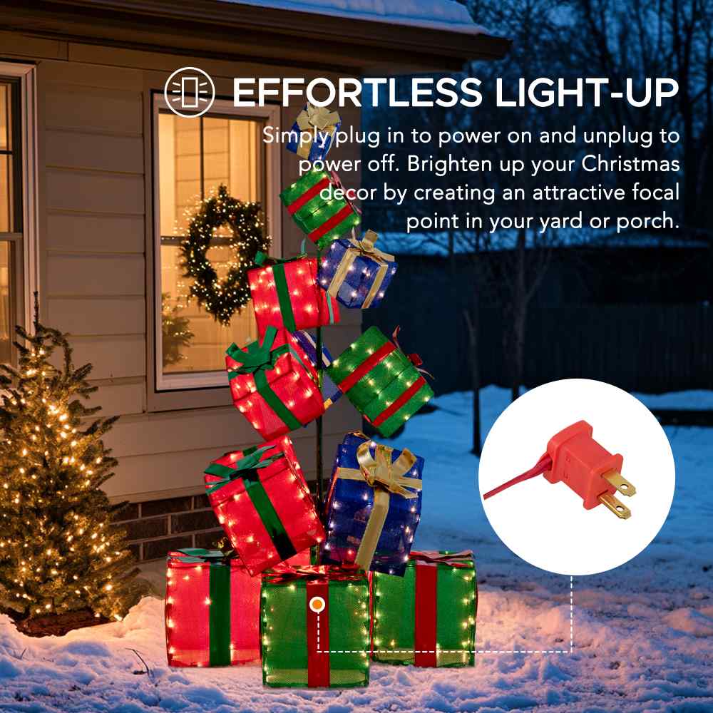 SUNJOY 63 Inch Christmas Lighted Stacked Gift Box with LED Lights.