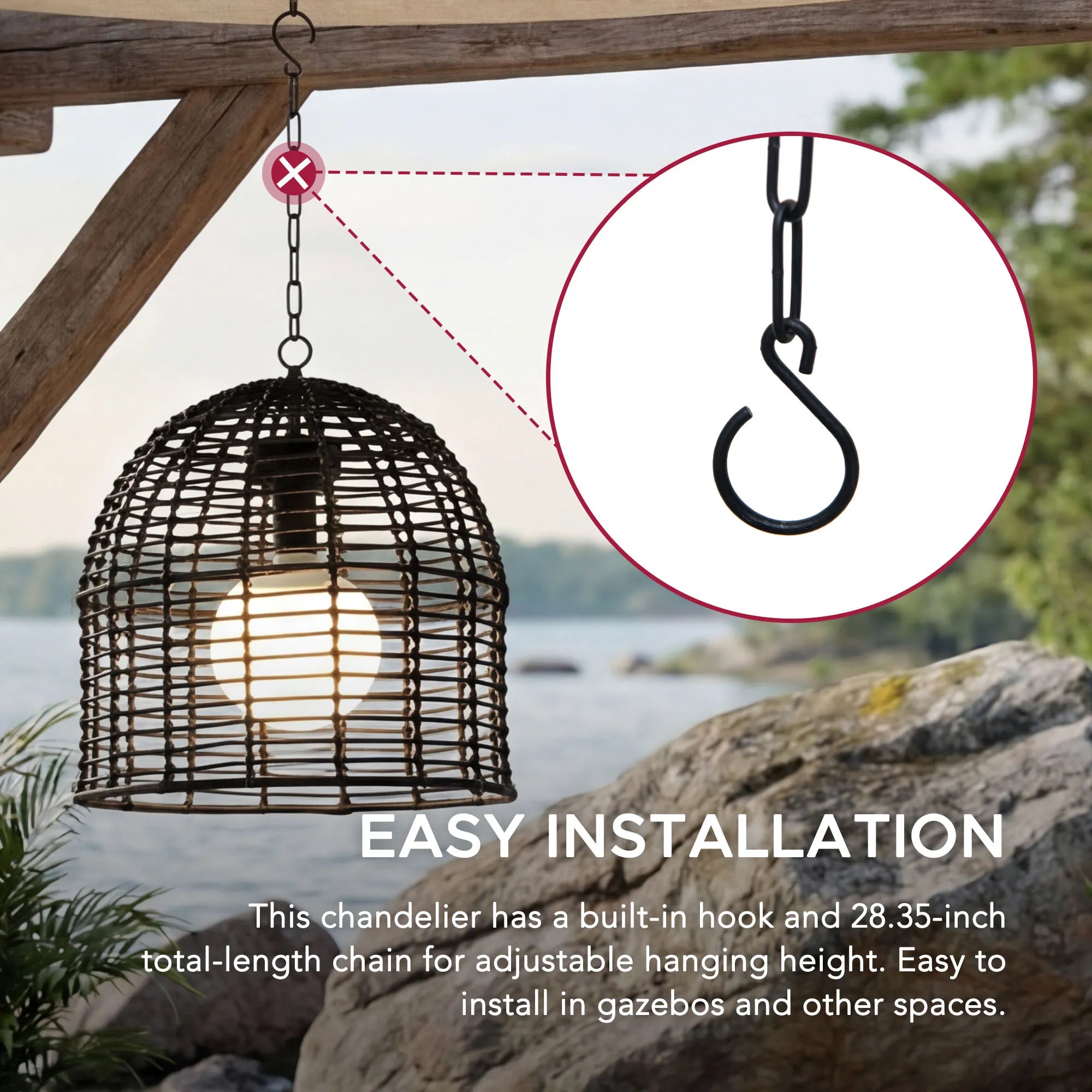 Chandelier Wicker Hanging Light Fixture with Remote Control - Black