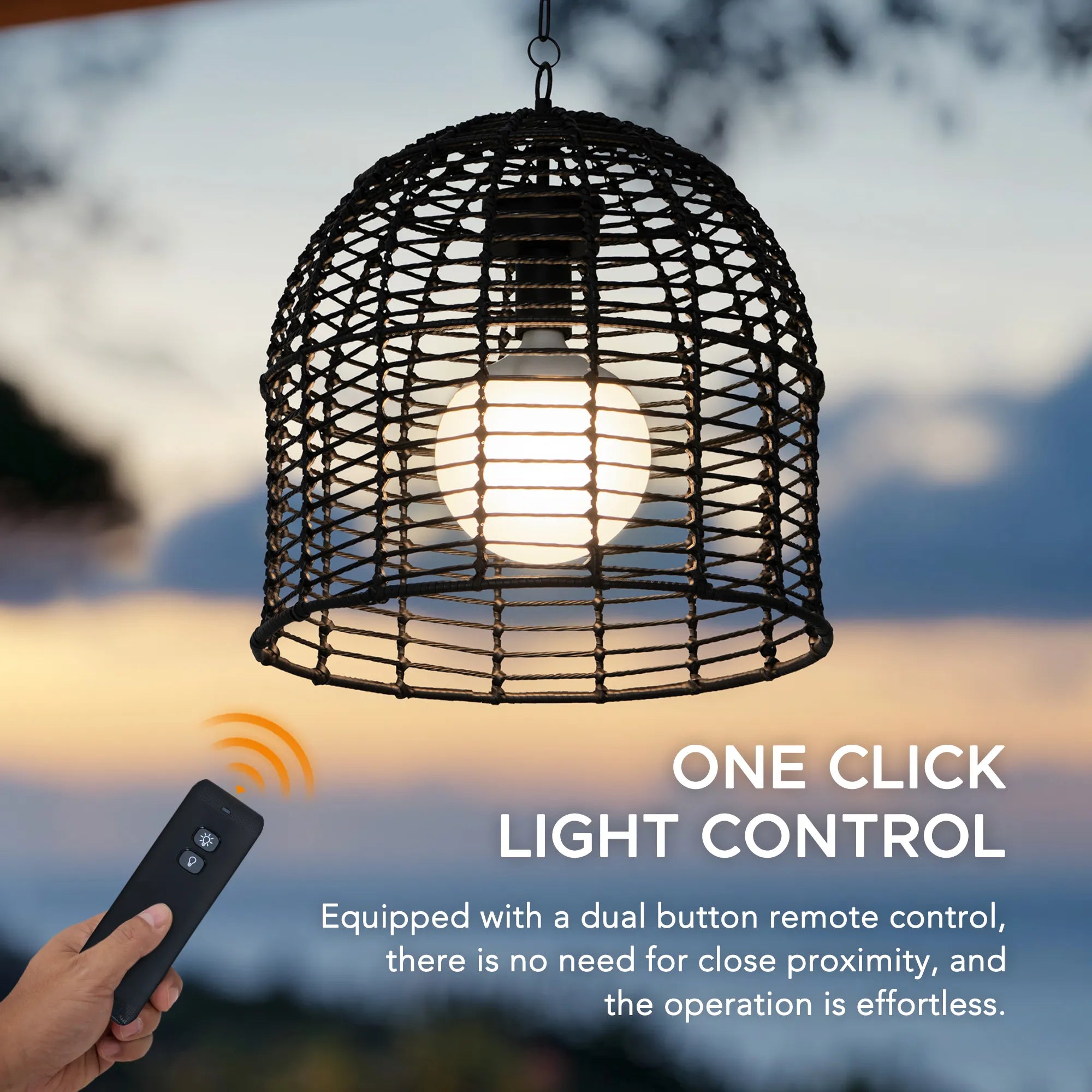 Chandelier Wicker Hanging Light Fixture with Remote Control - Black