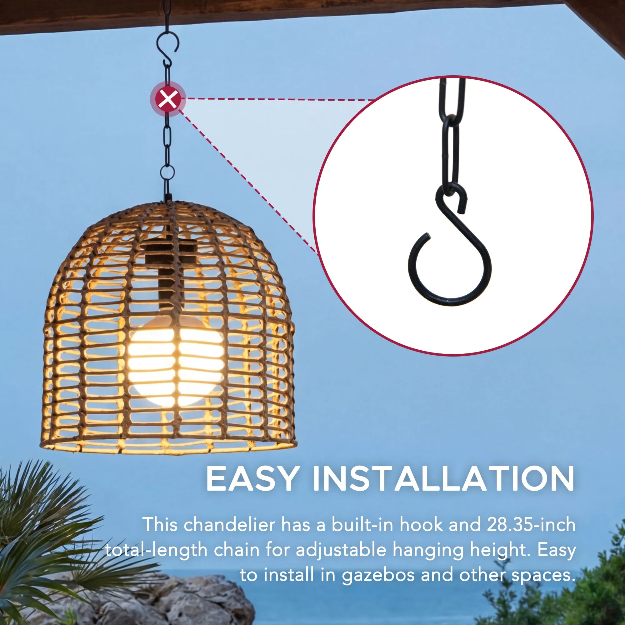 Chandelier Wicker Hanging Light Fixture with Remote Control - Light Brown
