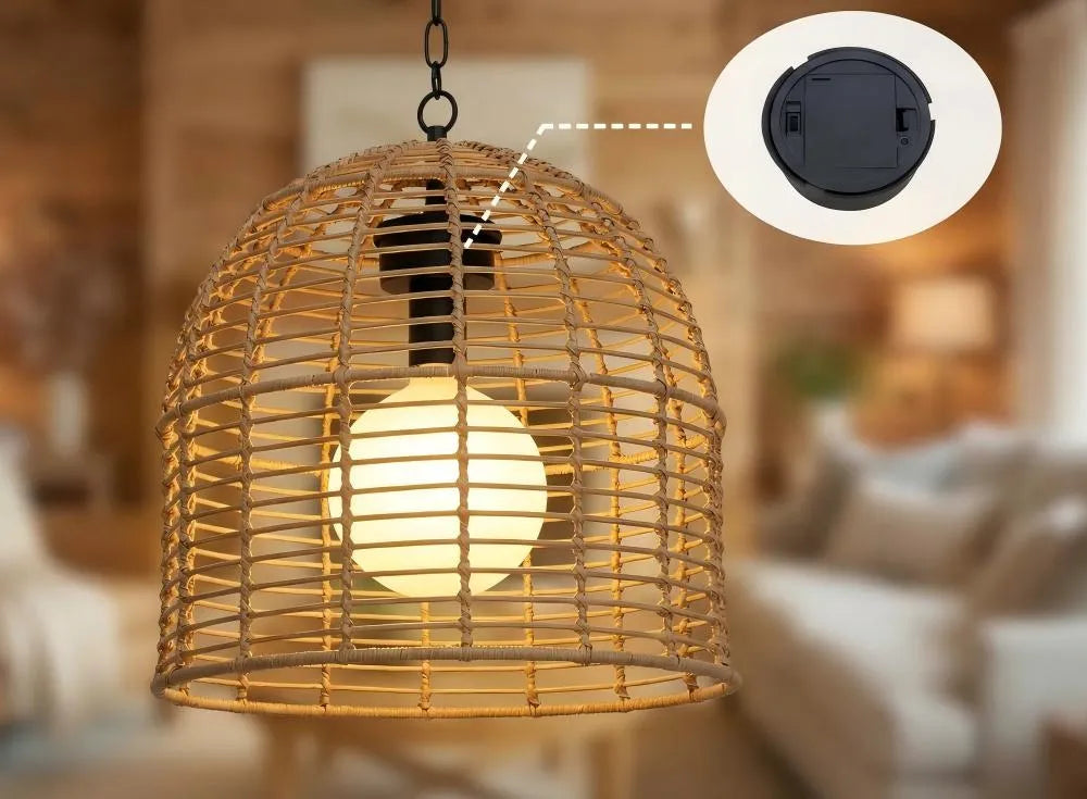 SUNJOY Outdoor Chandelier Wicker Hanging Light Fixture with Remote Control - Light Brown