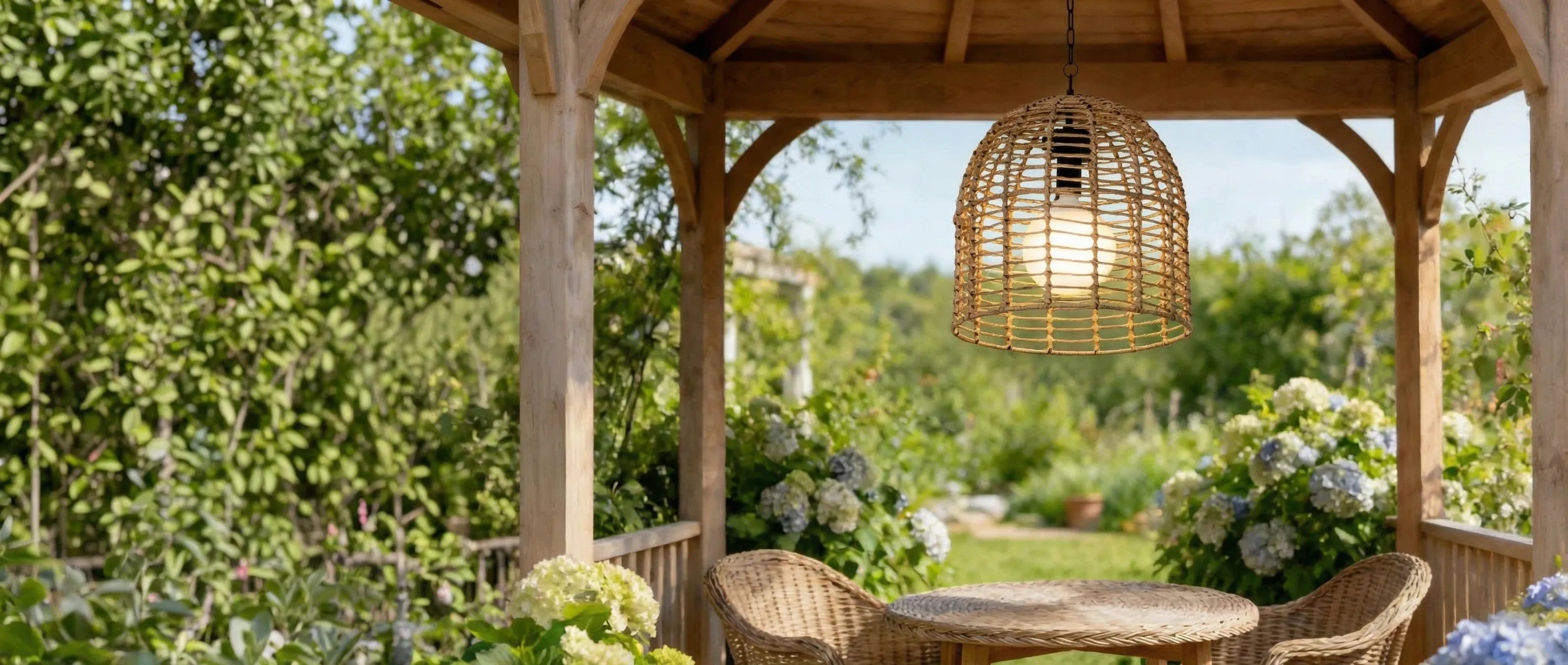 SUNJOY Outdoor Chandelier Wicker Hanging Light Fixture with Remote Control - Light Brown