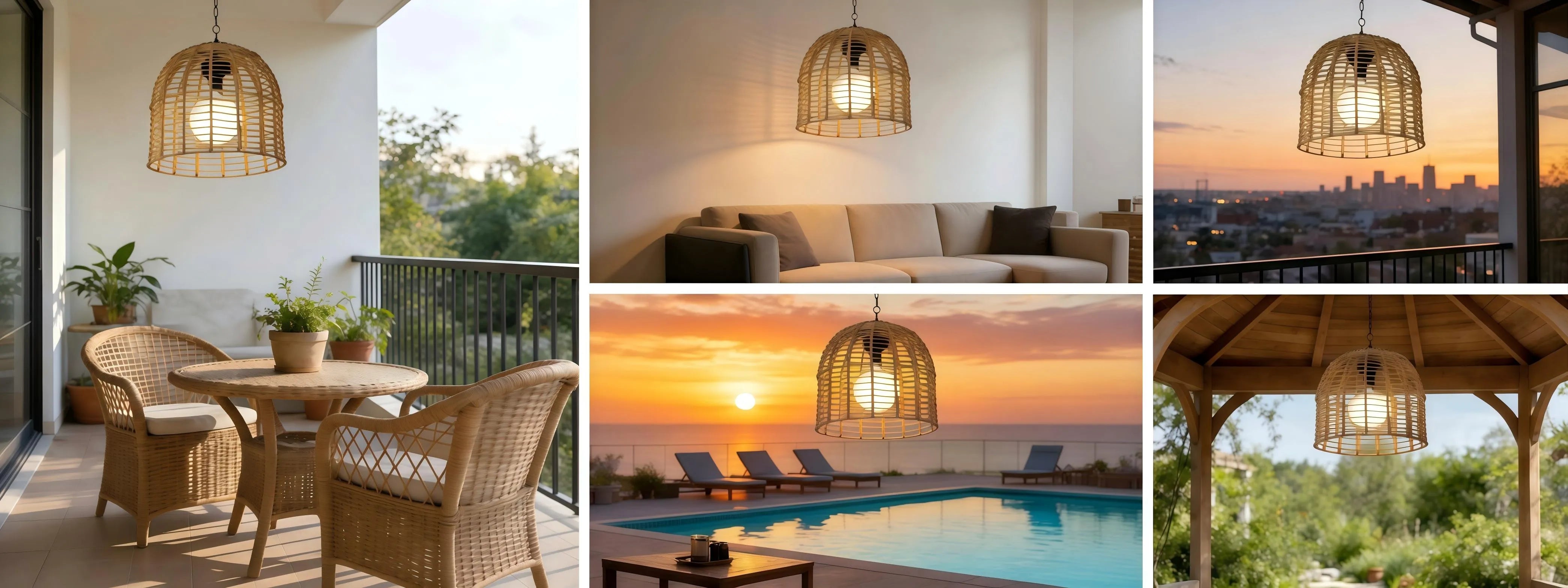 SUNJOY Outdoor Chandelier Wicker Hanging Light Fixture with Remote Control - Light Brown