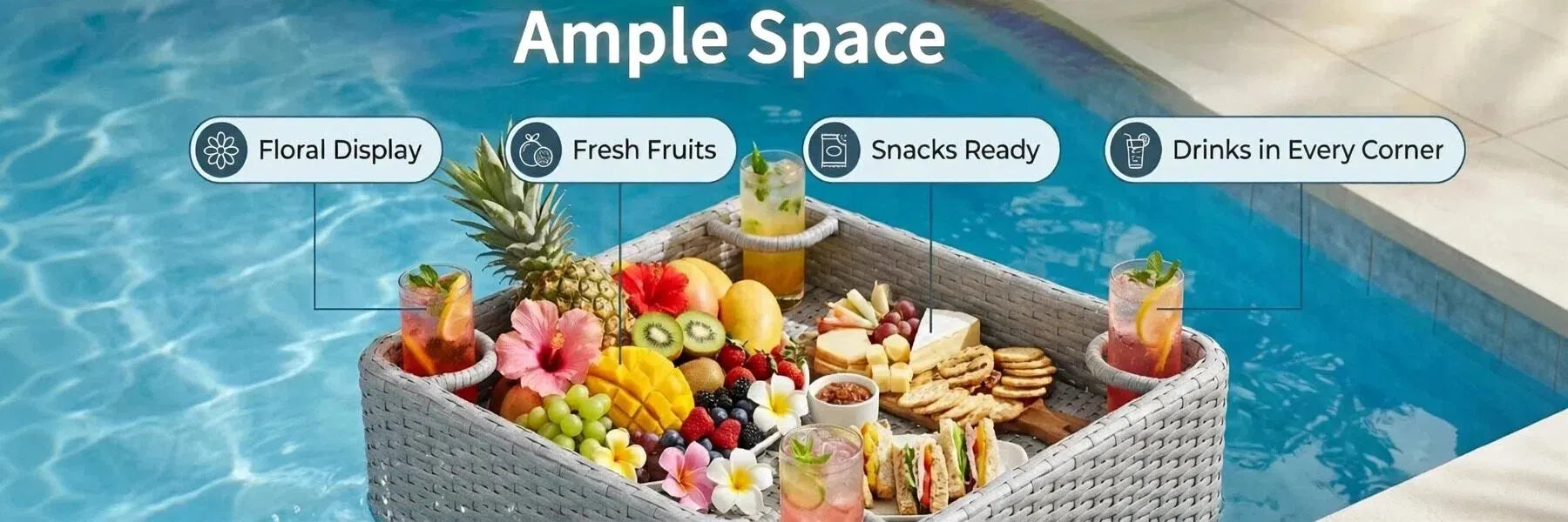 SUNJOY 24x24 Inch Aluminum Frame Wicker Floating Tray for Pool - Gray