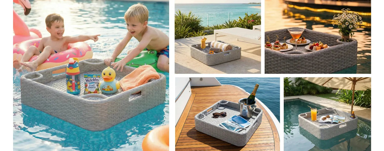 SUNJOY 24x24 Inch Aluminum Frame Wicker Floating Tray for Pool - Gray