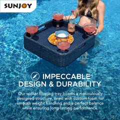 Sunjoy 24x24'' Wicker Floating Pool Tray Aluminum Frame Pool Accessory Tray for Drinks, Snacks, and Essentials.