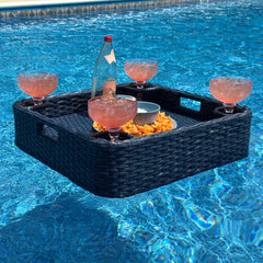 Sunjoy 24x24'' Wicker Floating Pool Tray Aluminum Frame Pool Accessory Tray for Drinks, Snacks, and Essentials.