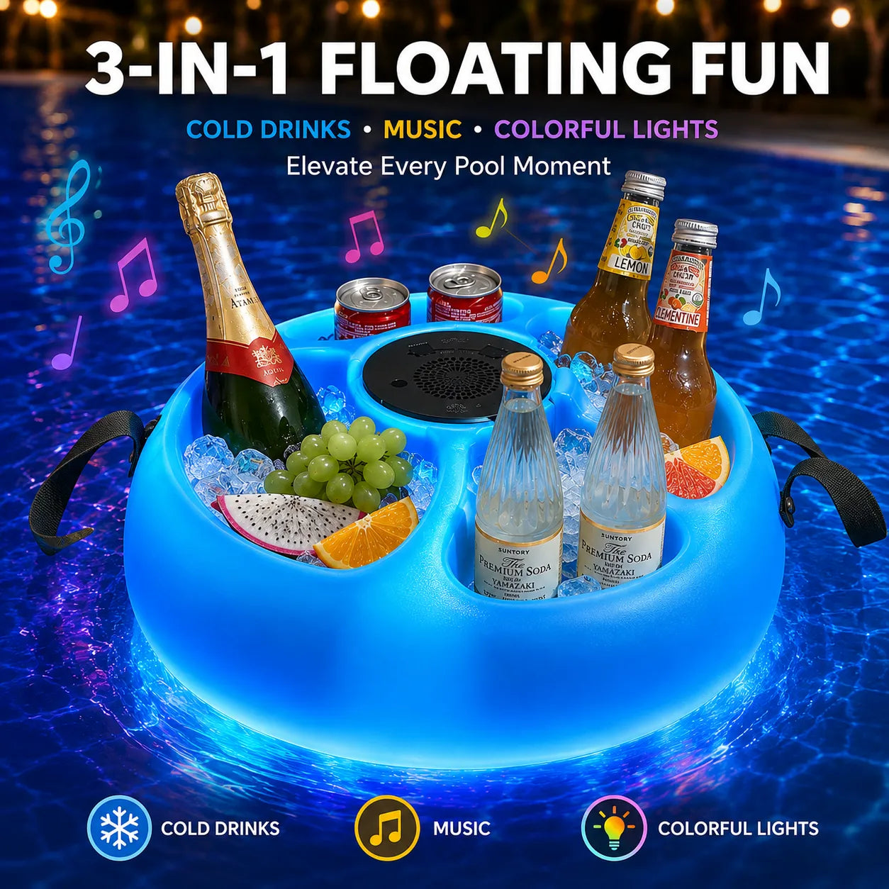 3-in-1 Floating Drink Holder with Bluetooth 5.0 Speaker and Ambient Light