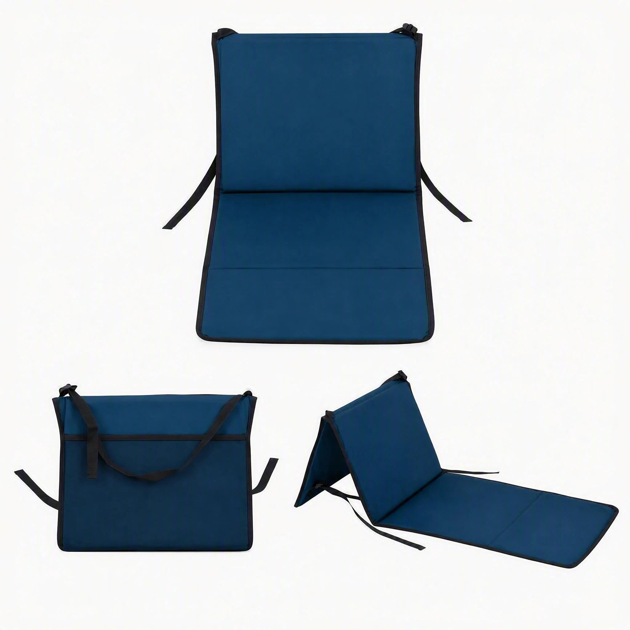 A blue folding chair pad shown in three views: fully extended upright, folded flat, and folded into a chair. The pad has black trim and carrying straps on a plain white background.