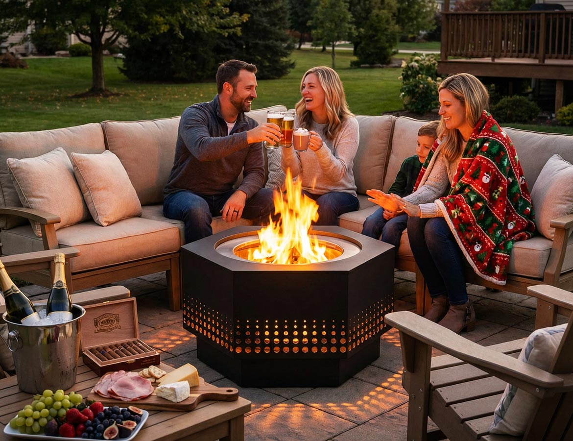 Family gathered around a fire pit in a backyard setting