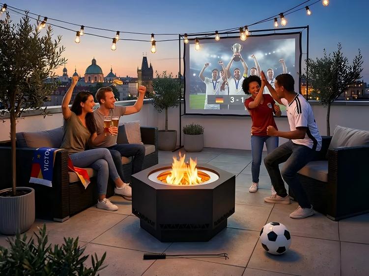 People watching a sports event on a screen outdoors with a fire pit and soccer ball.