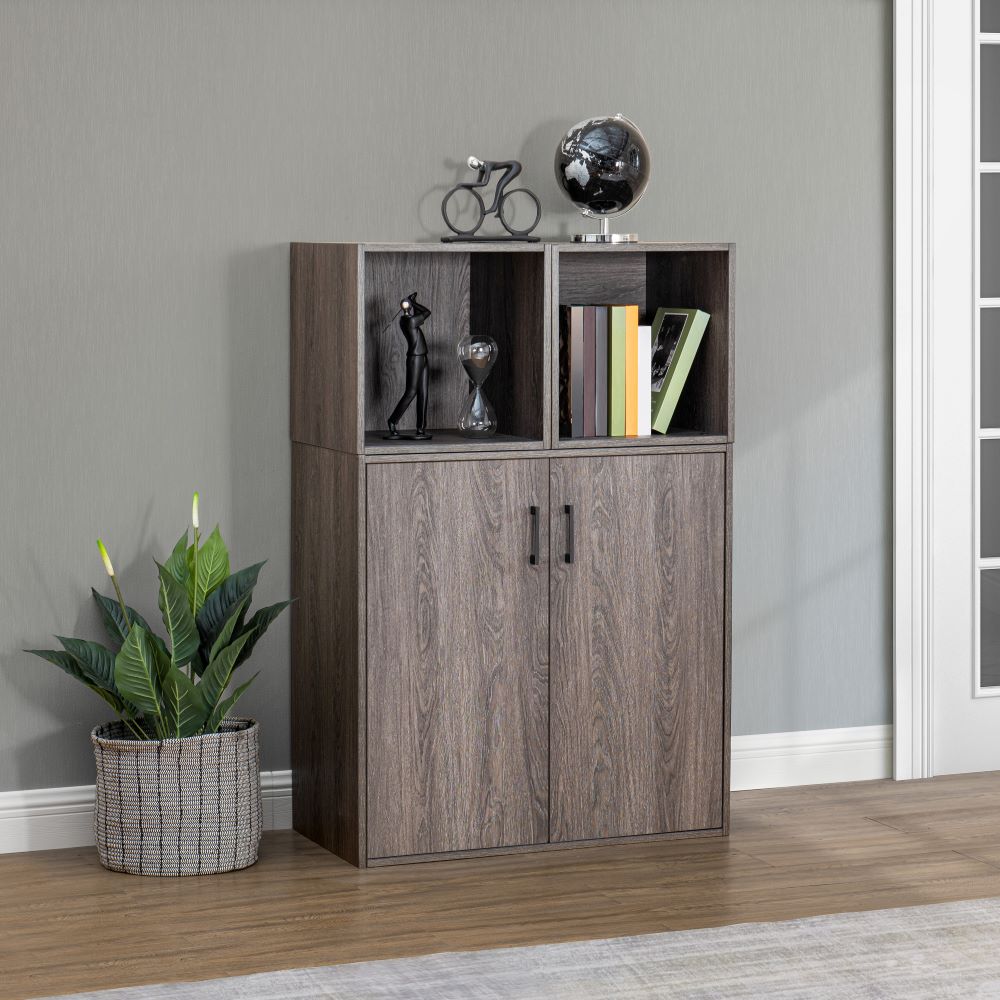 SUNJOY Quub Two Door Cabinet, Space Saving Stackable MDF Wood Cabinet for Living Room, Bedroom and Other Indoor Space