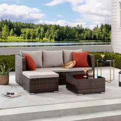 Sunjoy 3-Piece Patio Furniture Set Outdoor Wicker Sofa Set with Sunbrella® Cushions and Tempered Glass Top Coffee Table.