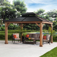 Sunjoy Wooden Gazebo 11’ x 13’ 2-tier Metal Roof Hardtop Gazebo with Cedar Frame and Ceiling Hook Wood Gazebo