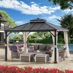 SUNJOY 10x12 Steel Gazebo with 2-Tier Metal Roof and Netting