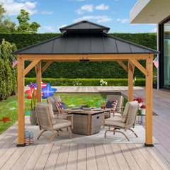 Sunjoy Outdoor Patio 11x11 Black 2-Tier Wooden Frame Backyard Hardtop Gazebo with Ceiling Hook