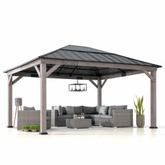 Sunjoy Outdoor 13' x 15' Wooden Frame Hardtop Gazebo with Black Metal Roof and Ceiling Hook