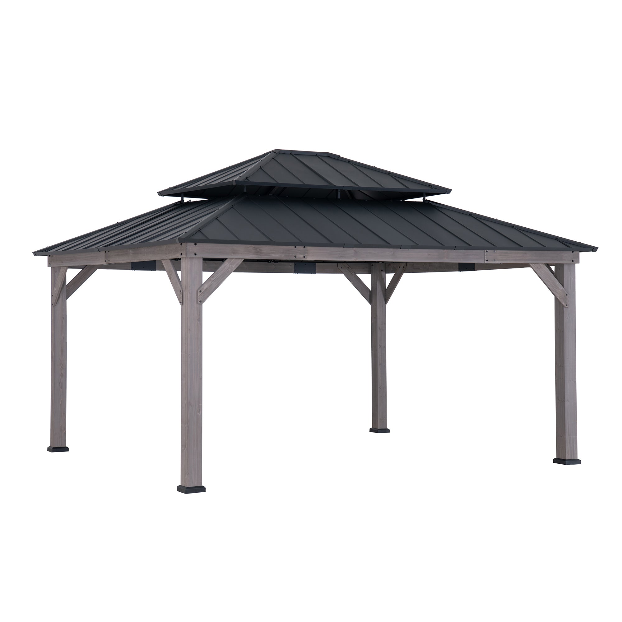 Sunjoy 13 ft. x 15 ft. Cedar Framed Gazebo with Brown Steel 2 Tier Hip Roof Hard Top