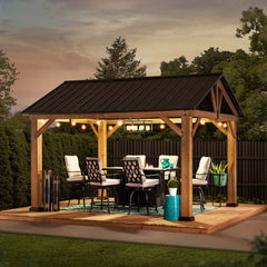 Sunjoy Outdoor Patio 11x13 Wooden Frame Gable Roof Backyard Hardtop Gazebo / Pavilion with Ceiling Hook