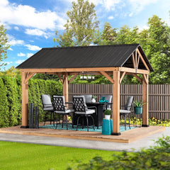 Sunjoy Outdoor Patio 11x13 Wooden Frame Gable Roof Backyard Hardtop Gazebo / Pavilion with Ceiling Hook