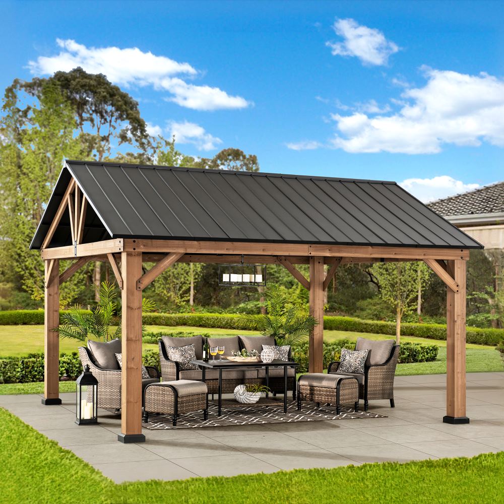 SUNJOY 13x15 Gable Roof Gazebo with Ceiling Hook.