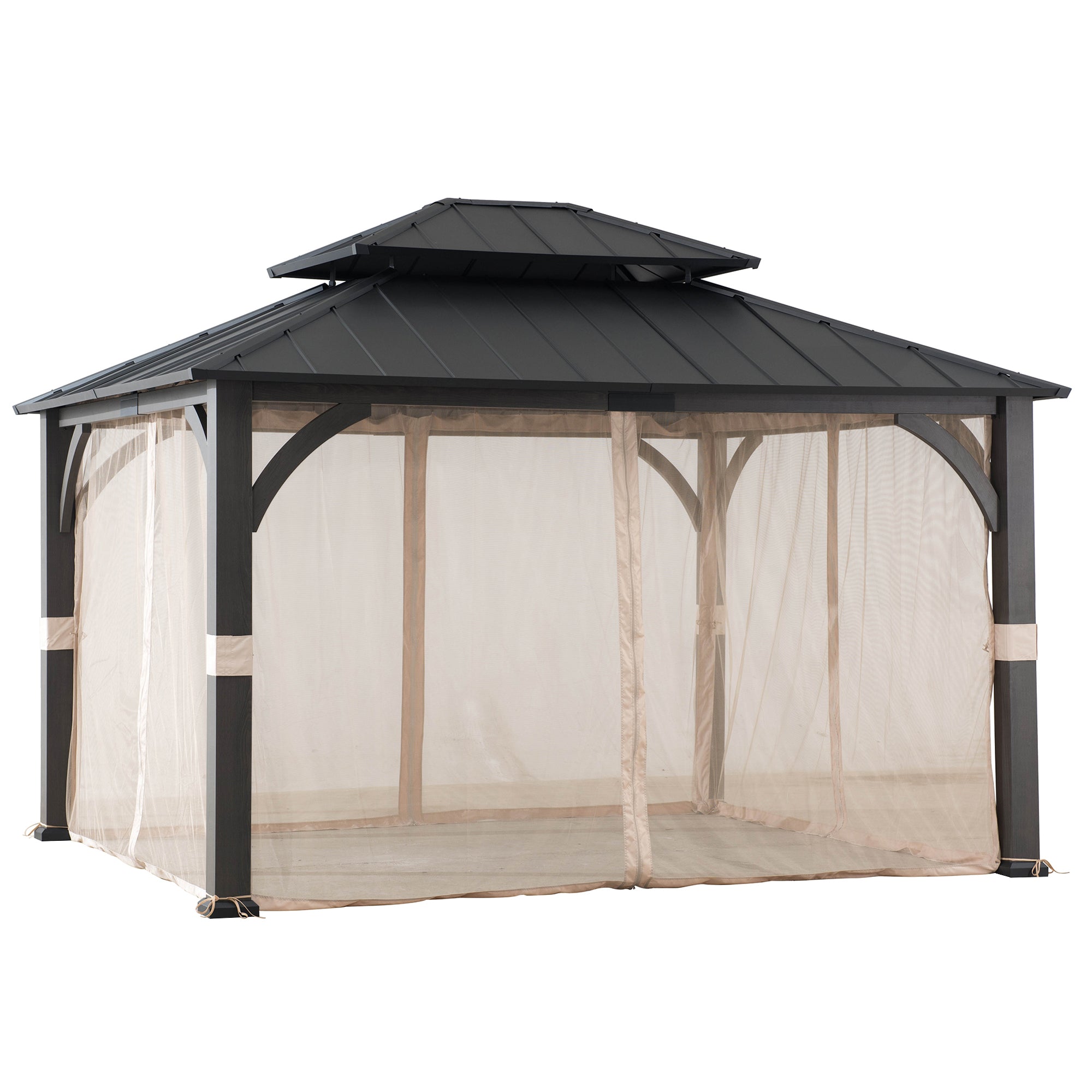 Meridian Woodgrain Tall Metal Gazebo with Netting, 2-Tier Steel Roof 13' × 15'
