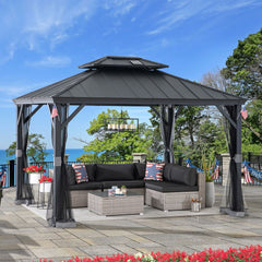 Sunjoy 10’ x 12’ Hardtop Gazebo, Aluminum Frame Patio Gazebo, 2-Tier Steel Hardtop Solar Powered Gazebo with Netting