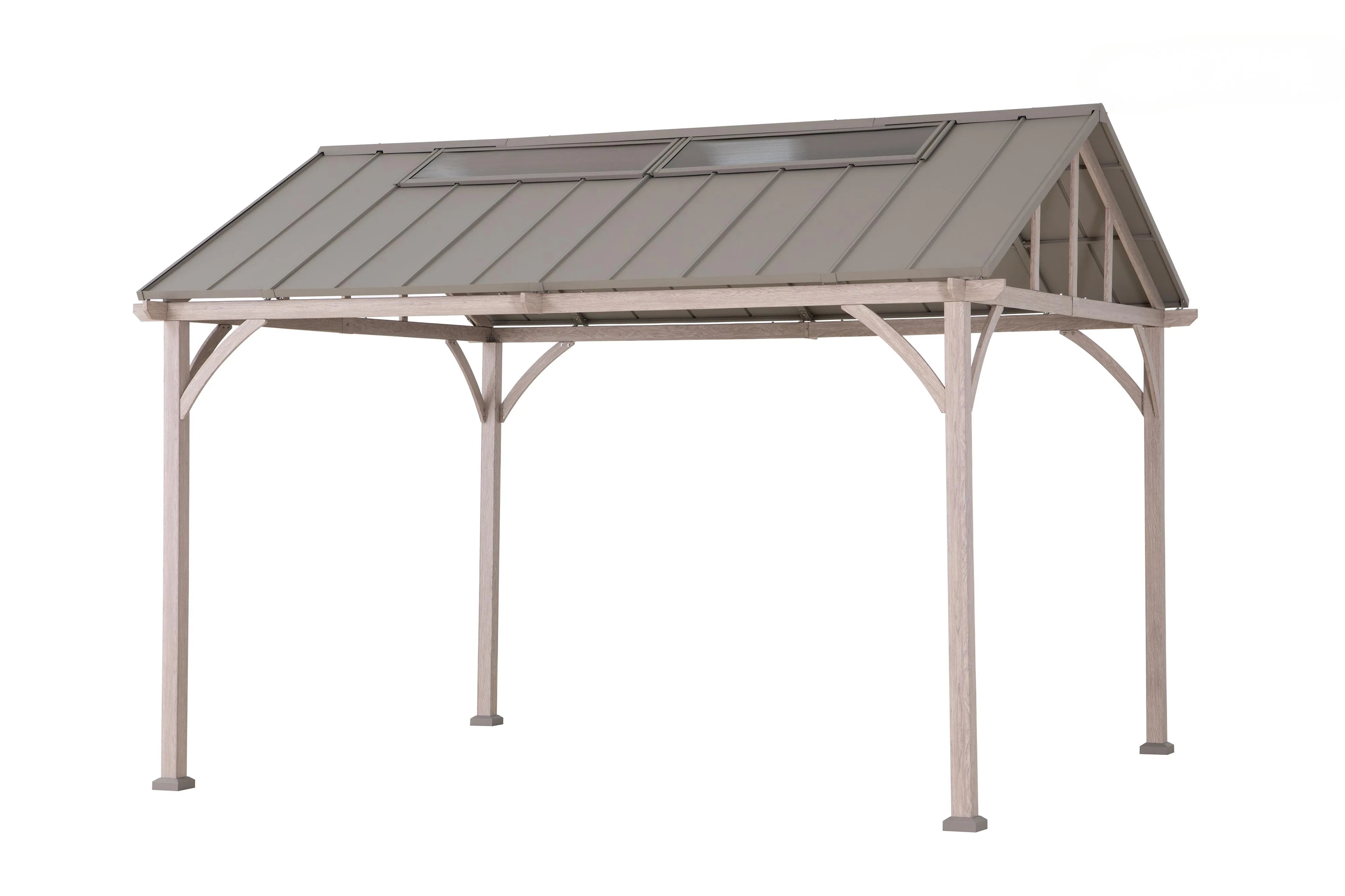 SUNJOY 11x13 Wood Finish Extra-Tall Hardtop Gazebo with Pitched Roof and PC Boards.