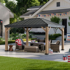 Sunjoy Cedarville 11 ft. x 13 ft. Outdoor Black Steel Hardtop Gazebo with Skylight for Patio, Garden, and Backyard Activities