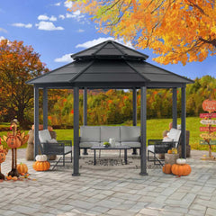 SUNJOY 15x15 ft. Outdoor Hardtop Gazebo, Octagon Double Tiered Metal Gazebo with Dual Rails and Ceiling Hook for Patio, Garden, Backyard Shade