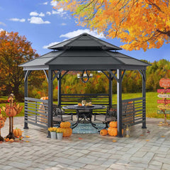 SUNJOY 15' x 15' Macomb Hexagon Hardtop Gazebo with Decorative Fence, Dual Rails and Ceiling Hook