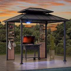 Sunjoy 7’ x 9’ Rochdale Grill Gazebo, Outdoor Patio Hard Top Gazebo with Ceiling Hooks and Shelves