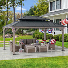 Sunjoy 12x16 ft. Wood Gazebo, Outdoor Patio Steel Hardtop Gazebo, Cedar Framed Wooden Gazebo with 2-tier Metal Roof and Ceiling Hook