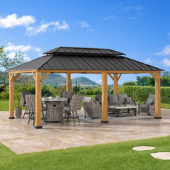 SUNJOY 12' x 20' Archwood Wooden Frame Hardtop Gazebo with 2-tier Metal Roof and 2 Ceiling Hooks