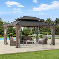 SUNJOY 12x16 Cedar Frame Gazebo with Steel Roof, Netting and Ceiling Hook - Dark Brown