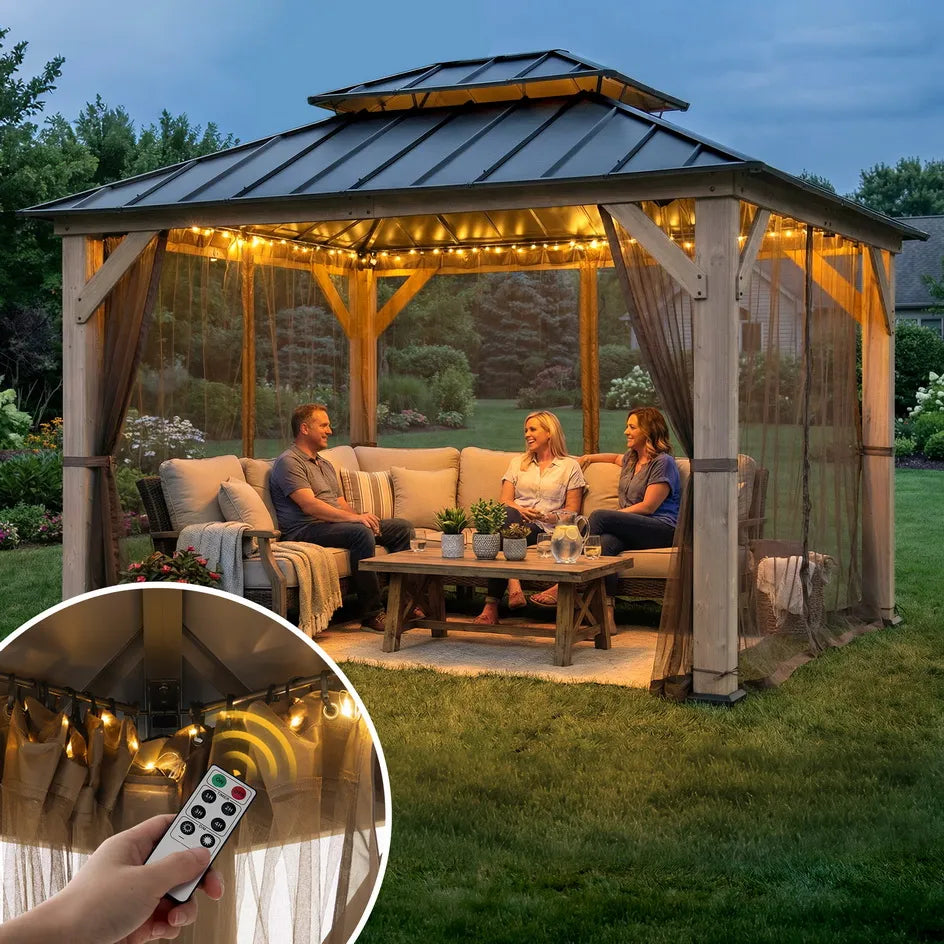 SUNJOY 10x12 Cedar Wood Gazebo with Galvanized Steel Roof, LED String Lights & Mosquito Netting - Brown