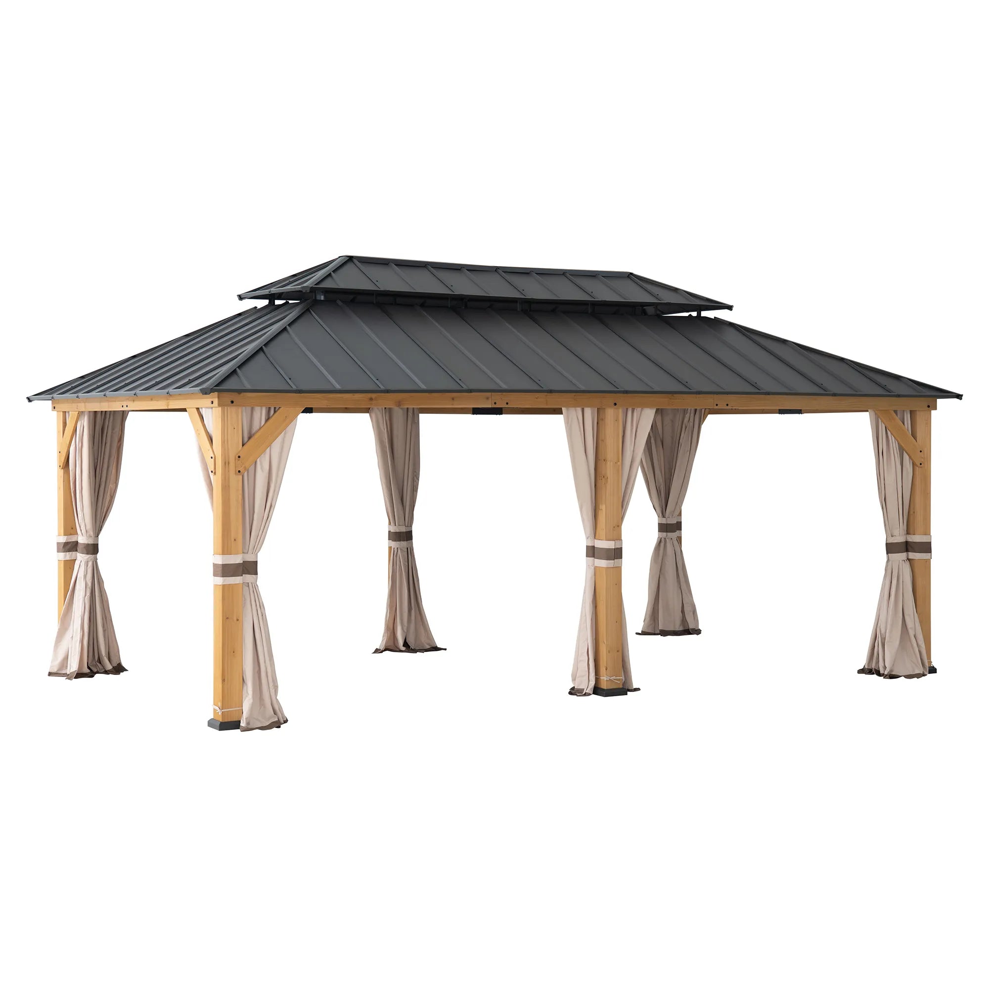 Cedar Frame Gazebo with Galvanized Steel Roof and Curtains, 12x20