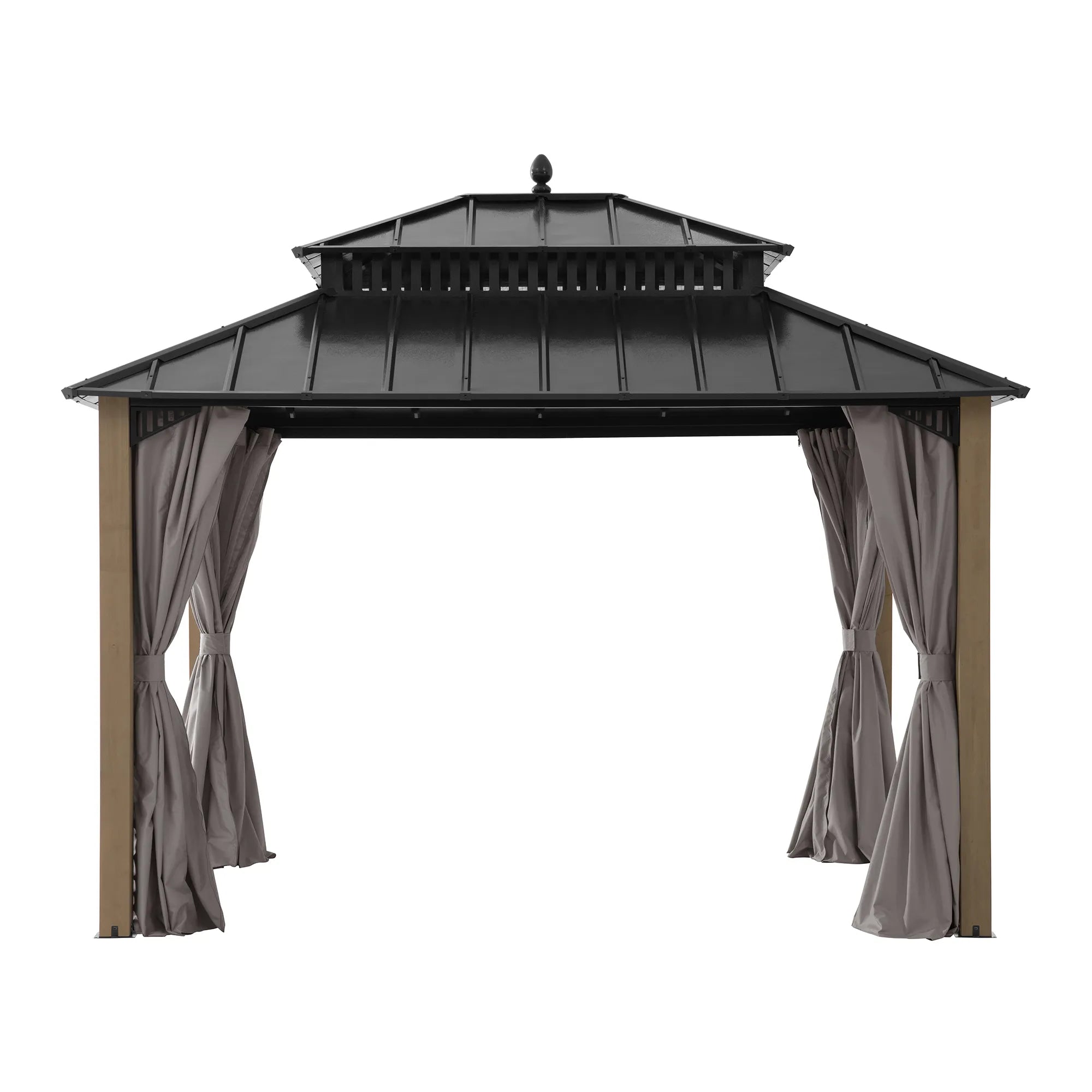 SUNJOY Kingston 12x10 Gazebo with Netting & Curtain | Steel Roof with Extra-Tall & Oversized Vent Top - Ceadr Wood Posts 