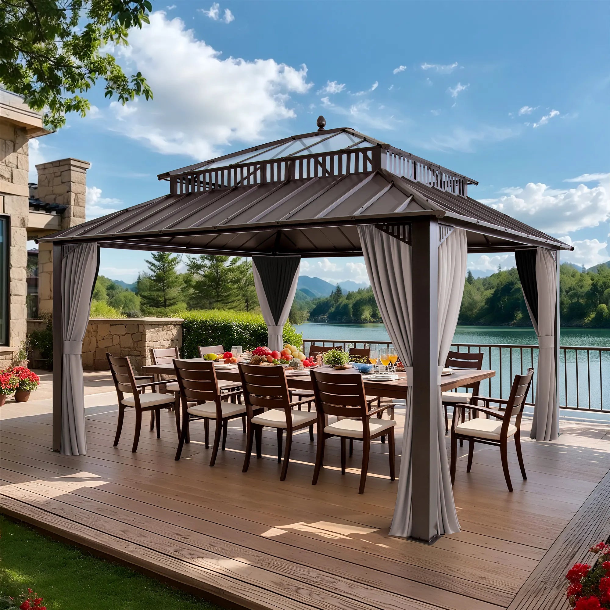 SUNJOY Kingston 12x14 Gazebo with Netting & Curtain | Steel Roof with Extra-Tall & Oversized PC Vent Top - Brown Aluminum Posts