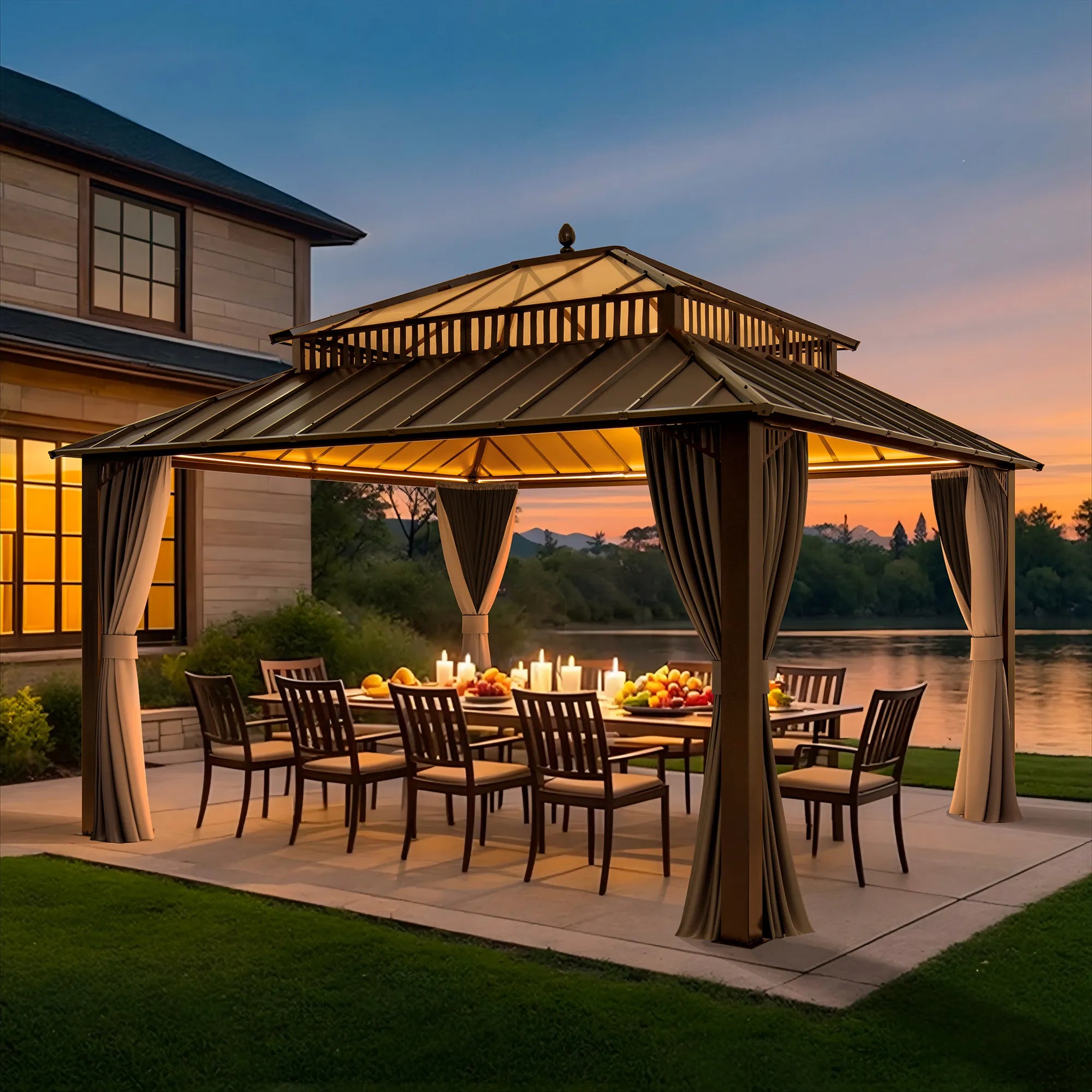 SUNJOY Kingston 12x14 Gazebo with Netting & Curtain | Steel Roof with Extra-Tall & Oversized PC Vent Top - Brown Aluminum Posts