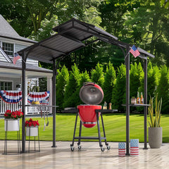 Sunjoy Outdoor Patio 5x8 Brown 2-Tier Steel Backyard Hardtop Grill Gazebo with Metal Ceiling Hook and Bar Shelves